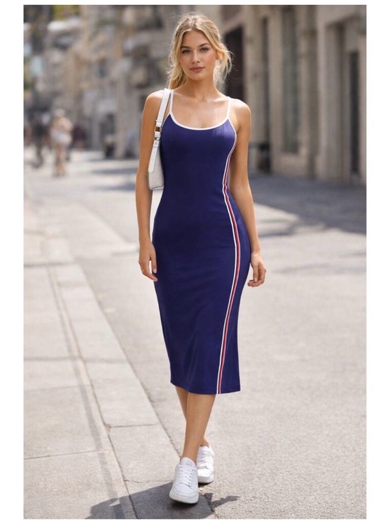 Express Dresses & Skirts - Express Navy Midi Dress with White and Red Side Stripe